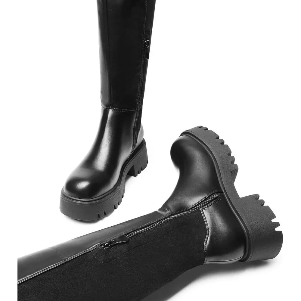 Women's Black-pu Faux Leather Over The Knee Lug Sole Round Toe Thigh High Boots